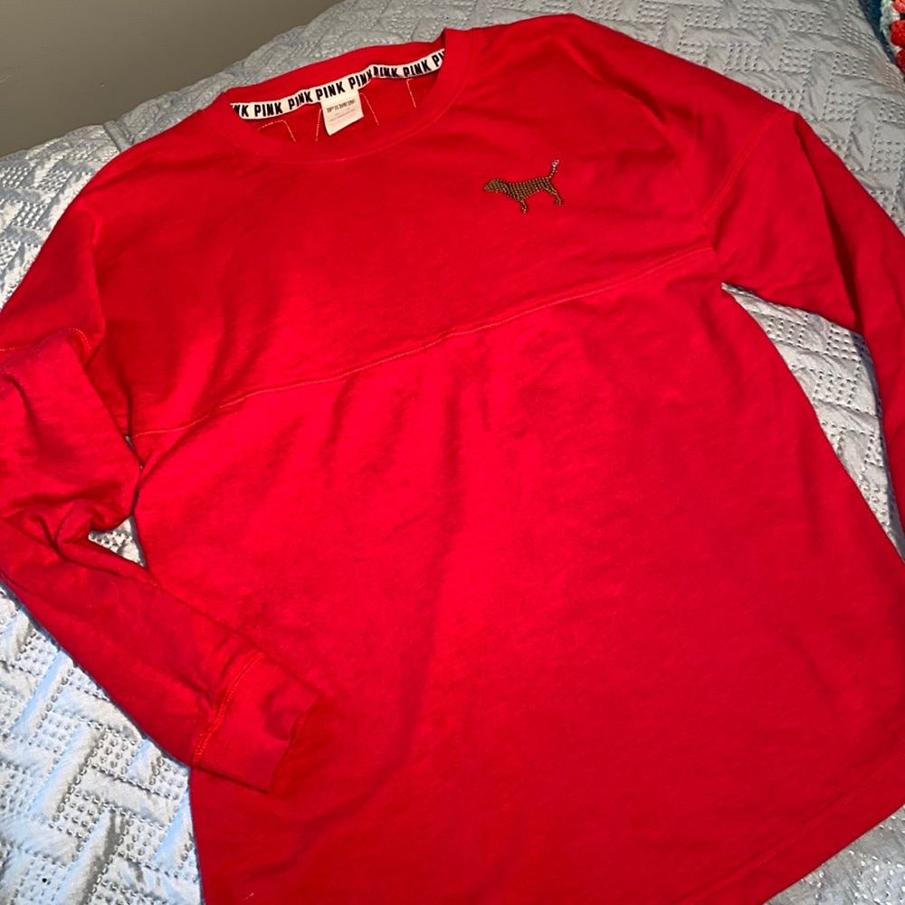 PINK pull over crew neck long sleeve sweat top red with black/white logo xs